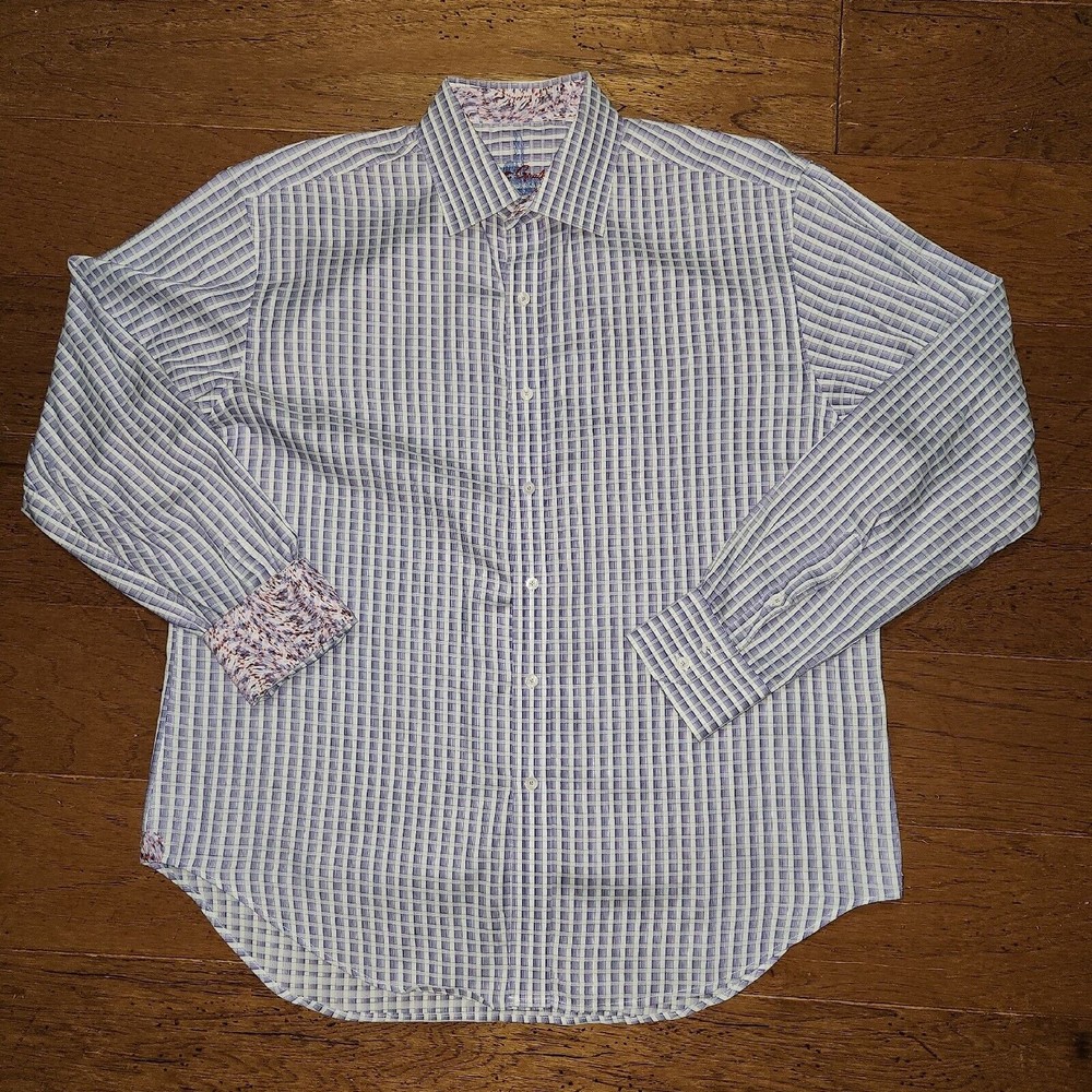 Robert Graham Flip Cuff Long Sleeve Button Shirt Men Size XL Purple Plaid